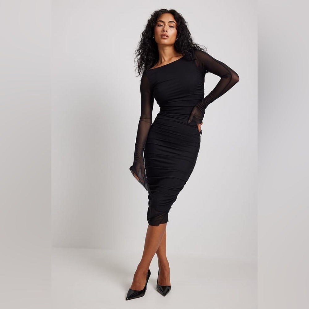 NA-KD ruched detail sheer midi dress in black